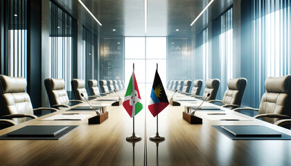A modern conference room with Burundi and Antigua and Barbuda flags on a long table, symbolizing a bilateral meeting or diplomatic discussions between the two nations.