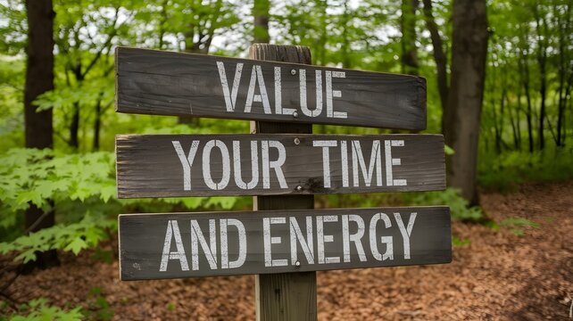 Rustic wooden sign with "value your time and energy" in green forest