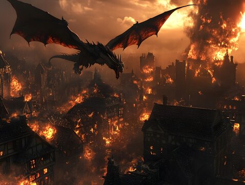 Fantasy dragon flying over a burning medieval cityscape