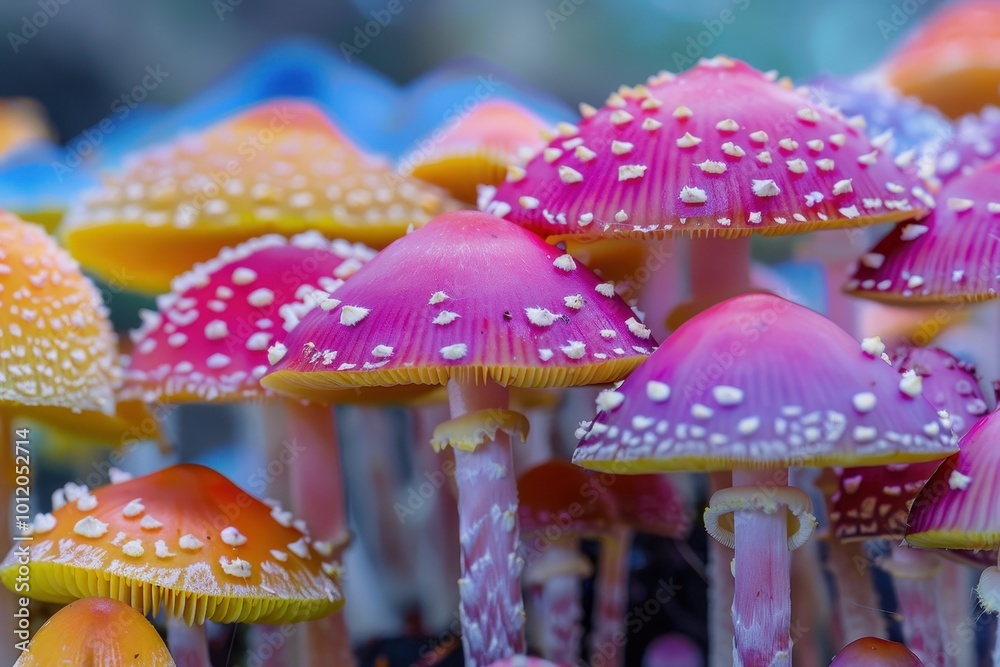 Poster a vibrant cluster of colorful mushrooms with distinctive caps, showcasing an array of pink, orange, 