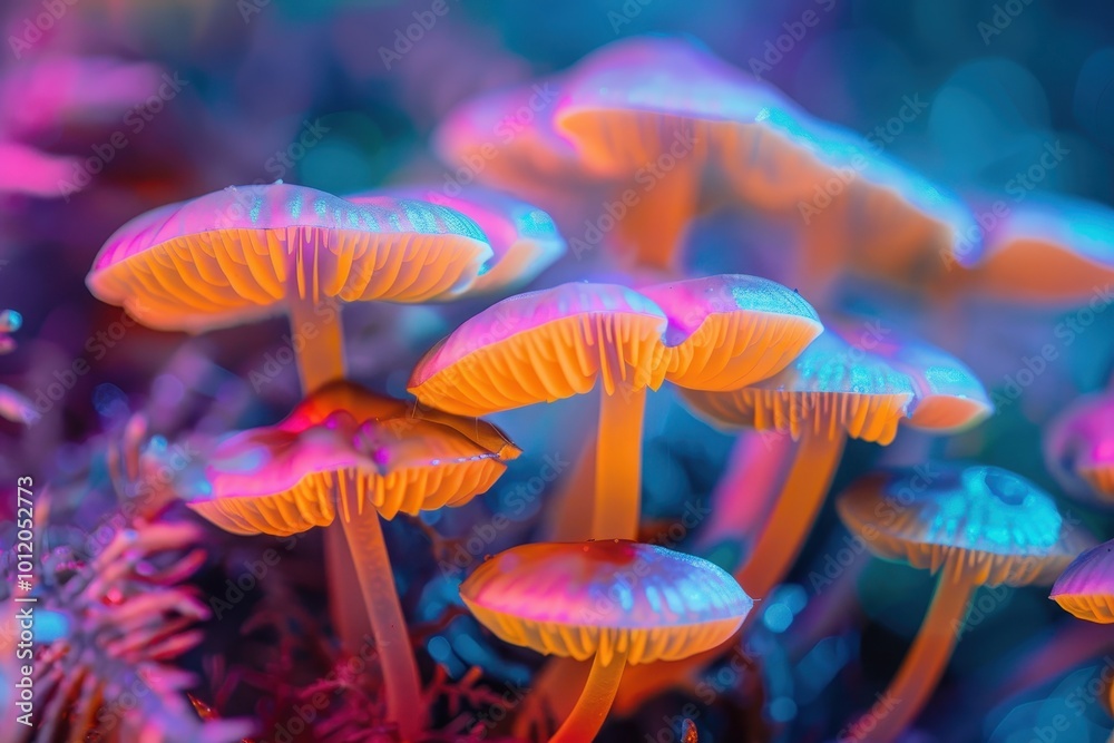 Poster a vibrant cluster of colorful mushrooms with distinctive caps, showcasing an array of pink, orange, 