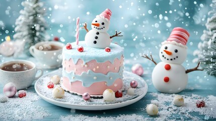 Festive cake with snowman decorations on a winter background.
