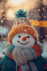 Snowman in winter clothes on park background