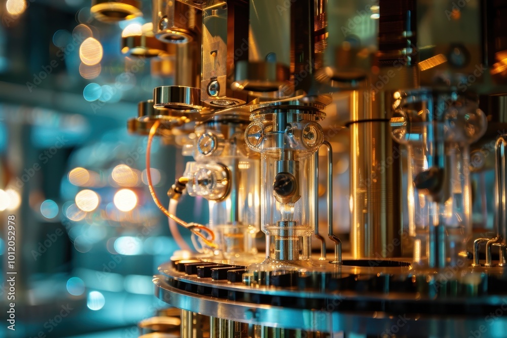 Poster Intricate components of a quantum computer showcasing advanced technology and precision engineering in a laboratory setting with vibrant lighting