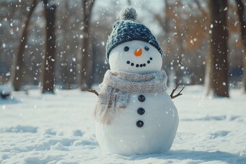 Snowman in winter clothes on park background