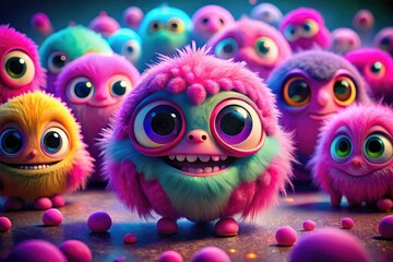 Cute and Playful Pink Monsters with Big Eyes and Funny Expressions on a Colorful Background