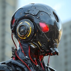 Fototapeta premium Futuristic robotic head, intricate design, metallic surface