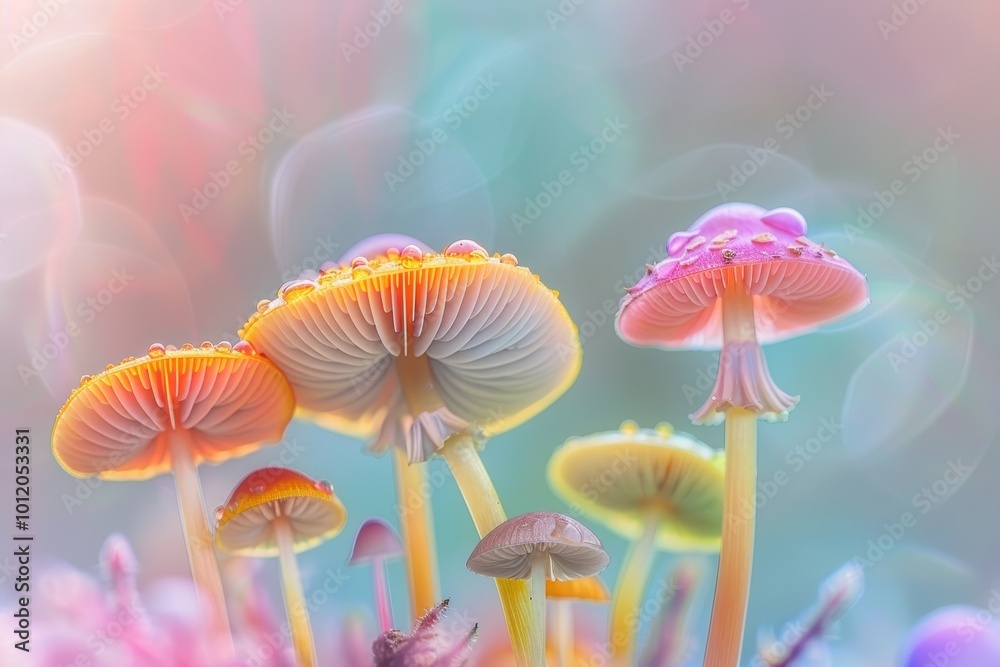 Poster Colorful cluster of vivid mushrooms growing in a lush forest during the early morning light with soft background focused on their enchanting details