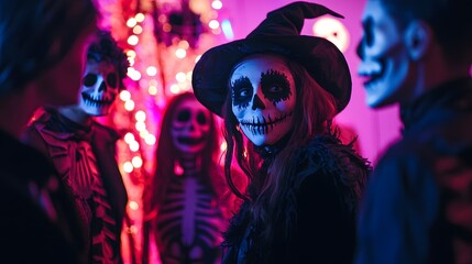 Fototapeta premium Group of friends in Halloween costumes with skull makeup.