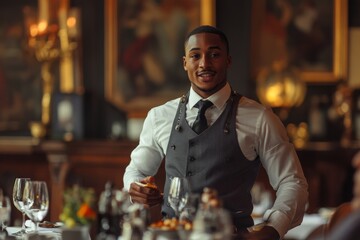 Staff meeting in luxury restaurant with Black young man as manager talking to servers wearing classic uniform, Generative AI