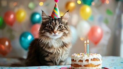 Happy cat celebrating birthday with cake and balloons.