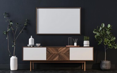 Mockup frame on cabinet in living room interior on empty
