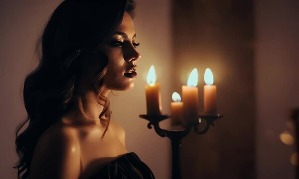 A captivating female vampire with pale skin and sharp fangs, standing in the shadows