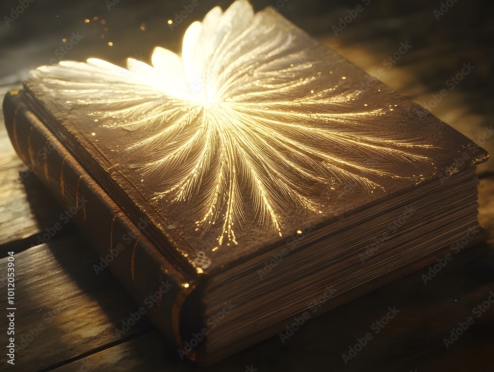 Poster illuminated book with intricate design on wooden surface.