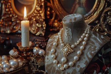 Elegant display of vintage pearl jewelry illuminated by candlelight in a richly decorated setting