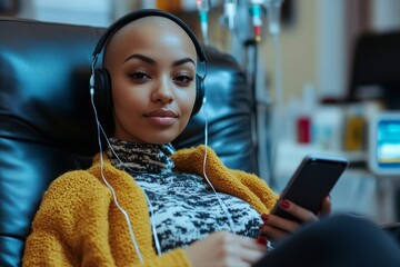 Portrait of bald young woman receiving IV treatment in clinic and using smartphone with headphones copy space, Generative AI