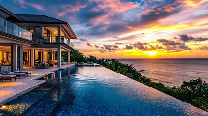 Fototapeta premium Luxury villa with infinity pool during sunset, ocean view.