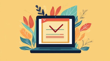 Graphic of an Online Submission Form on a Laptop with Decorative Leaves. AI generated illustration