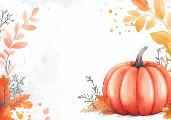 Happy Thanksgiving Day background with a hand-drawn sketch of a pumpkin, autumn leaves, wild flowers and a floral frame on a white color backdrop for design elements. 