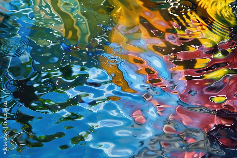 Aufkleber a vibrant display of swirling colors reflecting on water during a sunny day at a serene lakeside loc