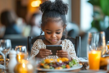 Portrait of little Black girl using smartphone at dinner table while eating at home with family, Generative AI