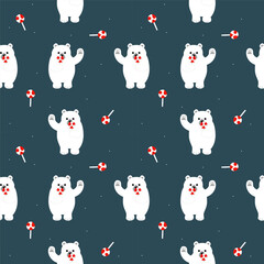 Seamless vector pattern featuring cute polar bears with candy canes on a dark blue background. Perfect for holiday designs, children's textiles, Christmas wrapping paper, gift packaging.