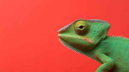 Fototapeta premium Green Chameleon in Front of a Red Background | Vibrant Contrast Highlighting the Unique Beauty of Nature