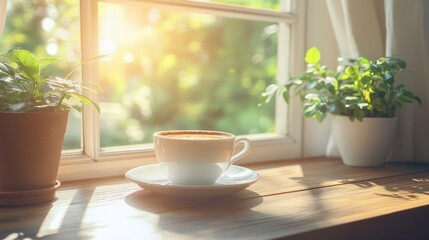 Cup with a hot drink on the window - cozy atmosphere