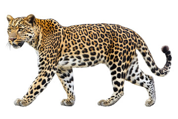 Walking leopard in full growth on a transparent background