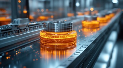Close-up of a glowing, metal object moving along a conveyor belt in a factory setting.