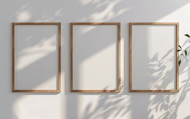 Three wooden frame on white wall frame mockup