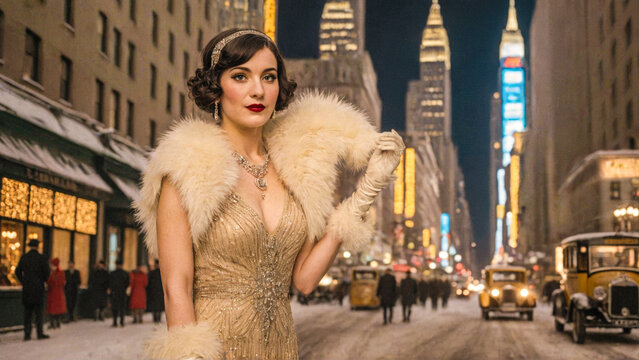 Glamorous Woman in 1920s New York Christmas Night Scene
