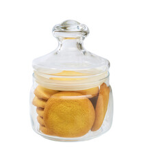 Danish butter cookies in a jar, isolated on white background. Glass jar with round danish butter cookies.