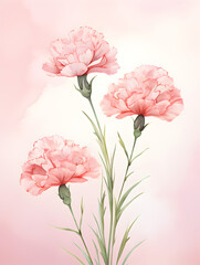 Aquarelle illustration of pink carnations flowers on pastel pink background