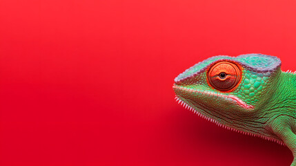 Naklejka premium Green Chameleon in Front of a Red Background | Vibrant Contrast Highlighting the Unique Beauty of Nature