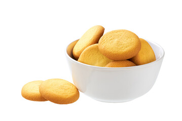 Danish butter cookies in a ceramic bowl isolated on white background.