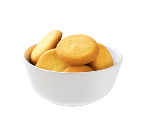 Danish butter cookies in a ceramic bowl isolated on white background.