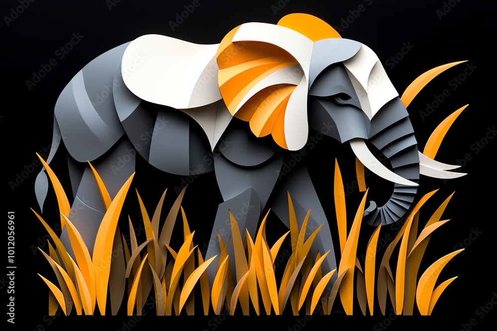 Poster Geometric design of an elephant walking through tall grass, using abstract shapes and soft colors to capture the majesty of this gentle giant