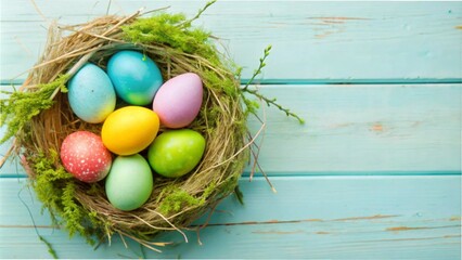 Fototapeta premium Colorful Easter eggs nestled in a natural nest on a vibrant blue wooden background.