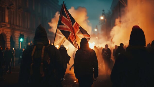 The end of british free speech Censorship, online social media, punishment, British flag and protestors taking to the streets. marching and unrest, Islamophobia, cultural differences