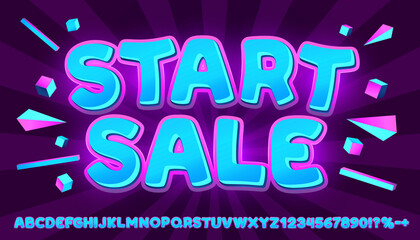 Start sale font, message market, alphabet letters and numbers with signs. Vector illustration