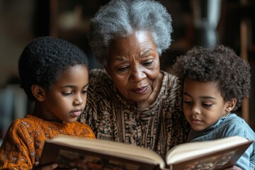 Portrait of senior Black woman with two children looking at photo album together and teaching family history, Generative AI