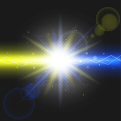 Shining star, sun particles and sparkles with glare effect. Multi-colored lights sparkle and sparkle. Blue and yellow colors. On a transparent dark background. With multi-colored small lightning bolts
