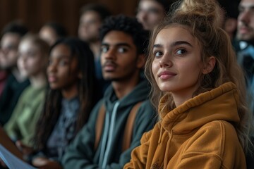Fototapeta premium Diverse group of students taking notes in row during lecture in college or university, copy space, Generative AI
