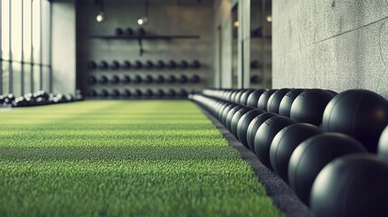 Fototapeta premium Modern Sports Club with Stacked Black Medicine Balls for Functional Training. AI generated illustration