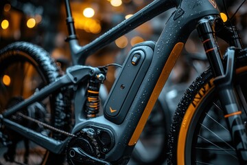 Obraz premium Close-up of a black electric mountain bike with a battery pack and orange accents.