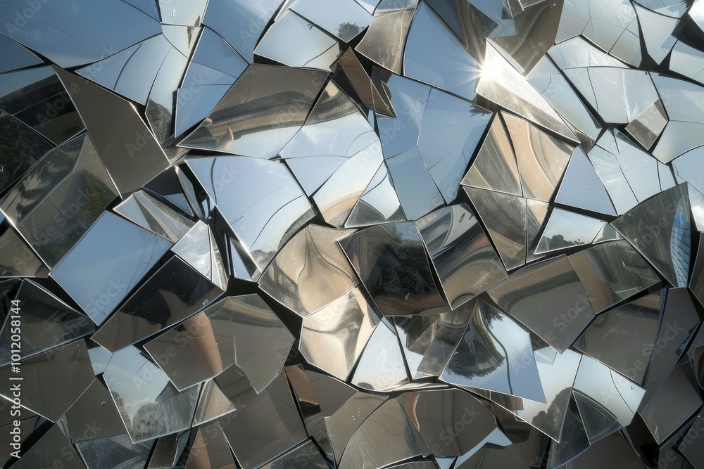 Aufkleber shattered mirror fragments reflect light creating an intricate pattern on a dark surface during dayl