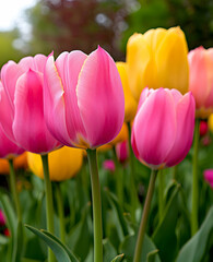 Fototapeta premium Vibrant Tulip Field in Spring, rows of colorful blooms stretching across a lush landscape, capturing the essence of seasonal beauty and renewal.