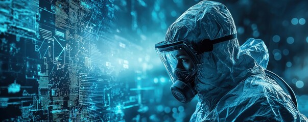 Scientist in protective gear analyzing digital data with futuristic visuals and innovative technology in a modern laboratory setting