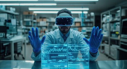 Scientist wearing VR glasses and blue gloves engages with futuristic holographic interface in a modern laboratory setting